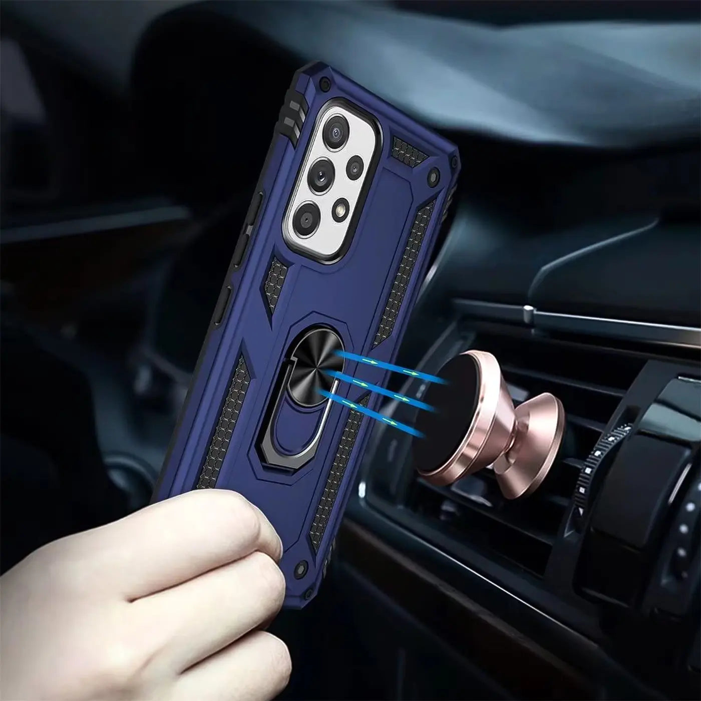 Blaue Hülle mit Ringhalter für Samsung A23 5G, Nahaufnahme, magnetische Halterung im Auto.