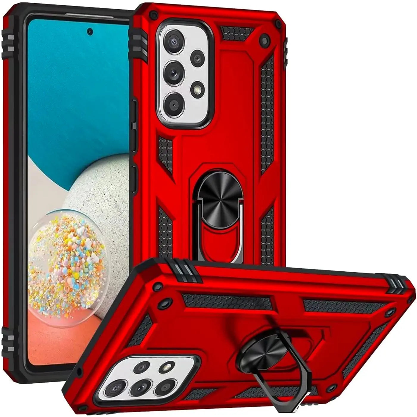 Rote Militärhülle mit Ringhalter für Samsung Galaxy A23 5G, aus Kunststoff, von vorne/schräg