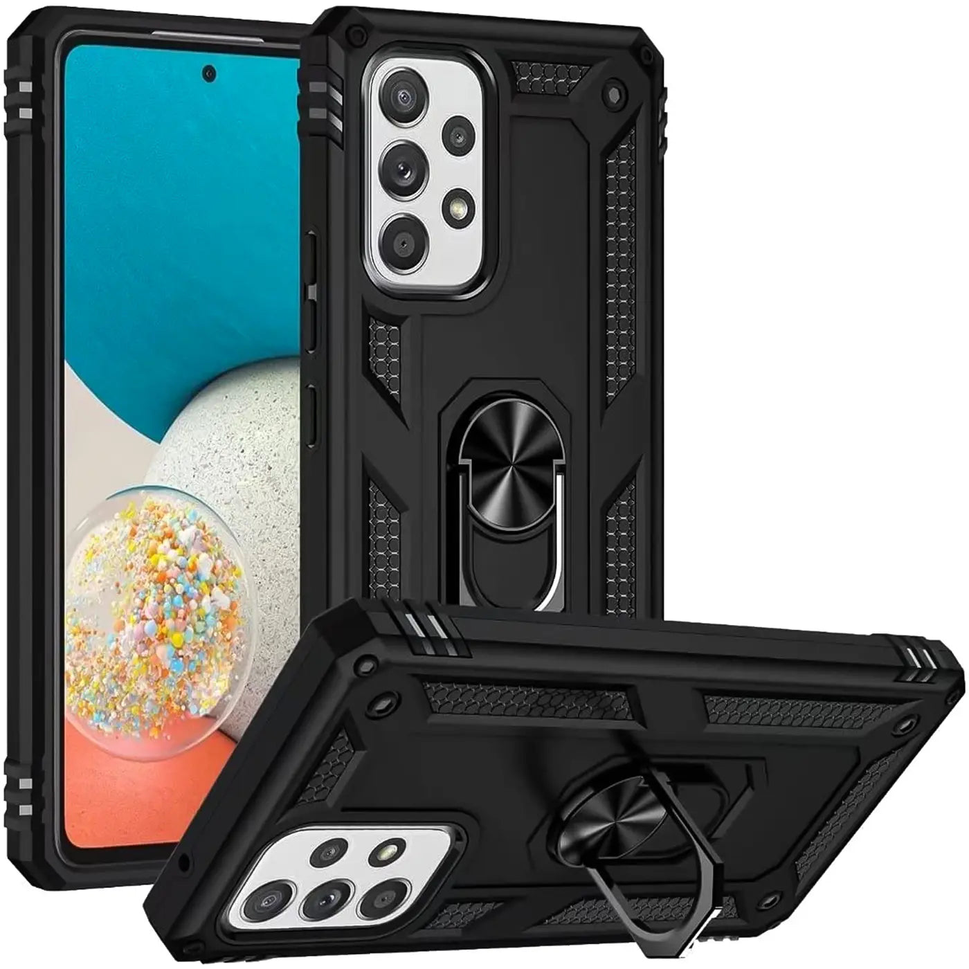 Schwarze Militär-Hülle aus Kunststoff mit Ringhalter für Samsung Galaxy A23 5G, Vorder- und Seitenansicht.