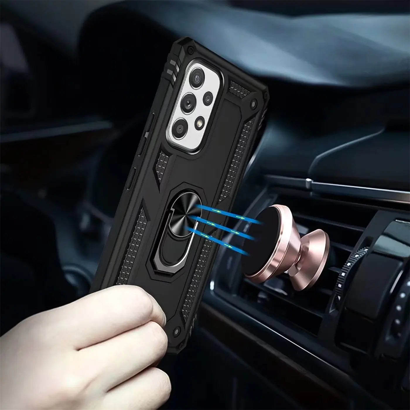 Schwarze Militärhülle mit Ringhalter für Samsung Galaxy A23 5G, Nahaufnahme, im Auto