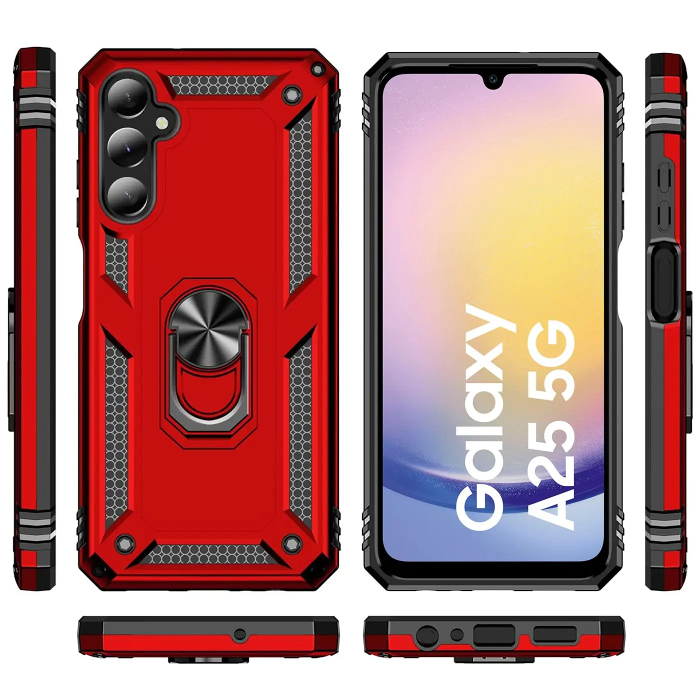 Rote Military Hülle mit Ringhalter für Samsung Galaxy A25 5G, Vorder- und Rückansicht.
