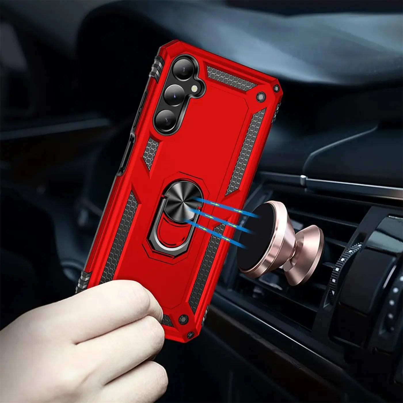 Rote Hülle mit Ringhalter für Samsung Galaxy A25 5G, von vorne, mit Magnet.