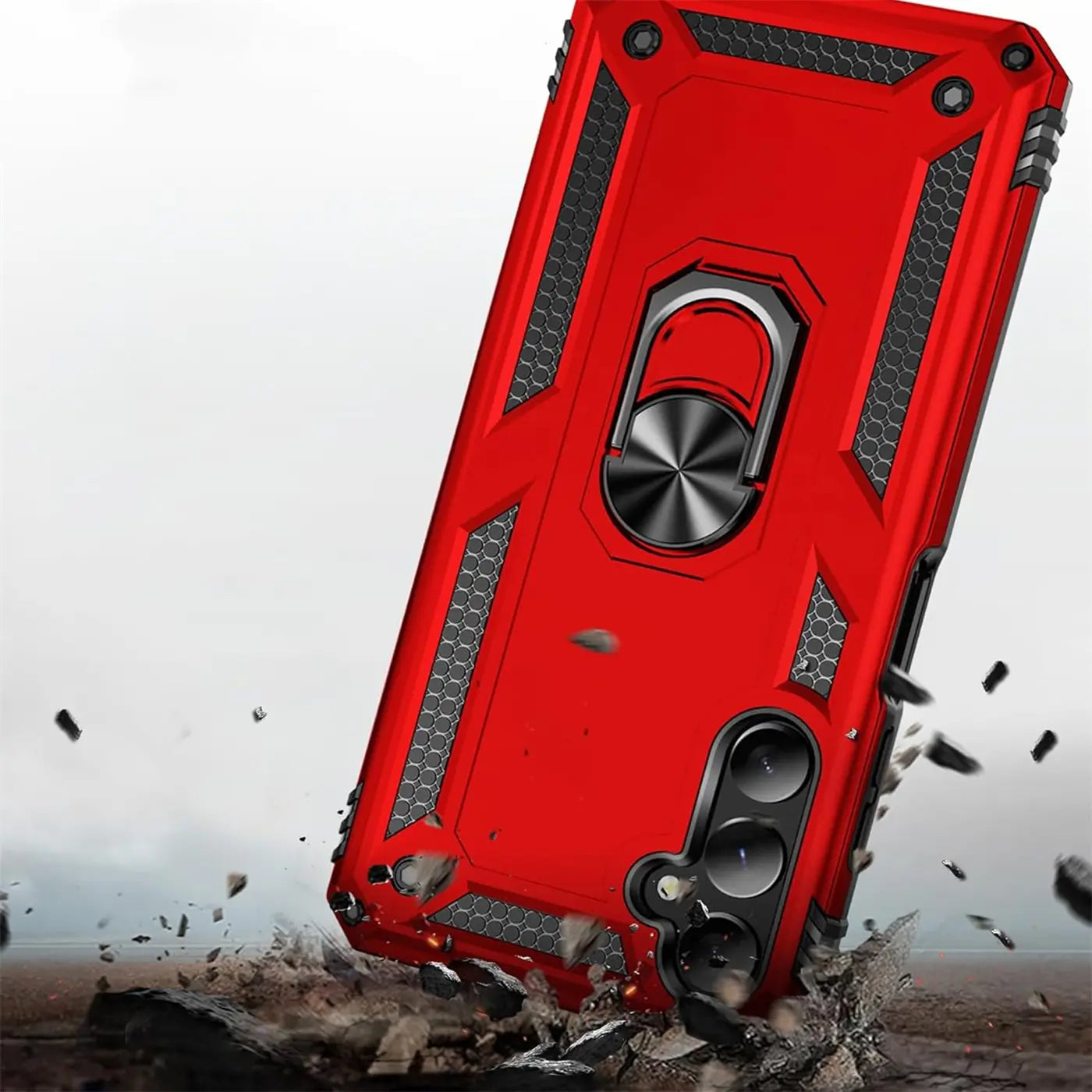 Rote Military Hülle mit Ringhalter für Samsung Galaxy A25 5G, von schräg oben