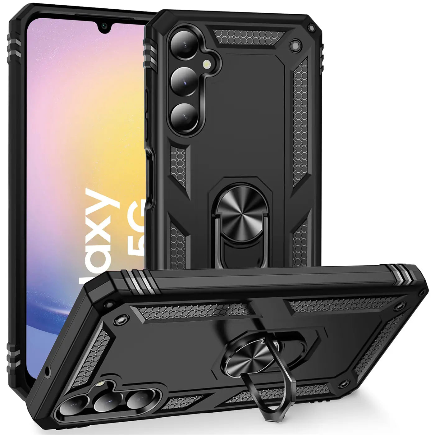 Schwarze Militärhülle aus Kunststoff mit Ringhalter, Samsung Galaxy A25 5G, verschiedene Winkel