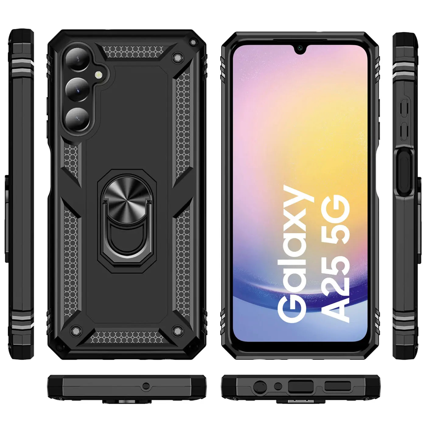 Schwarze Militärhülle aus Kunststoff mit Ringhalter für Samsung Galaxy A25 5G.