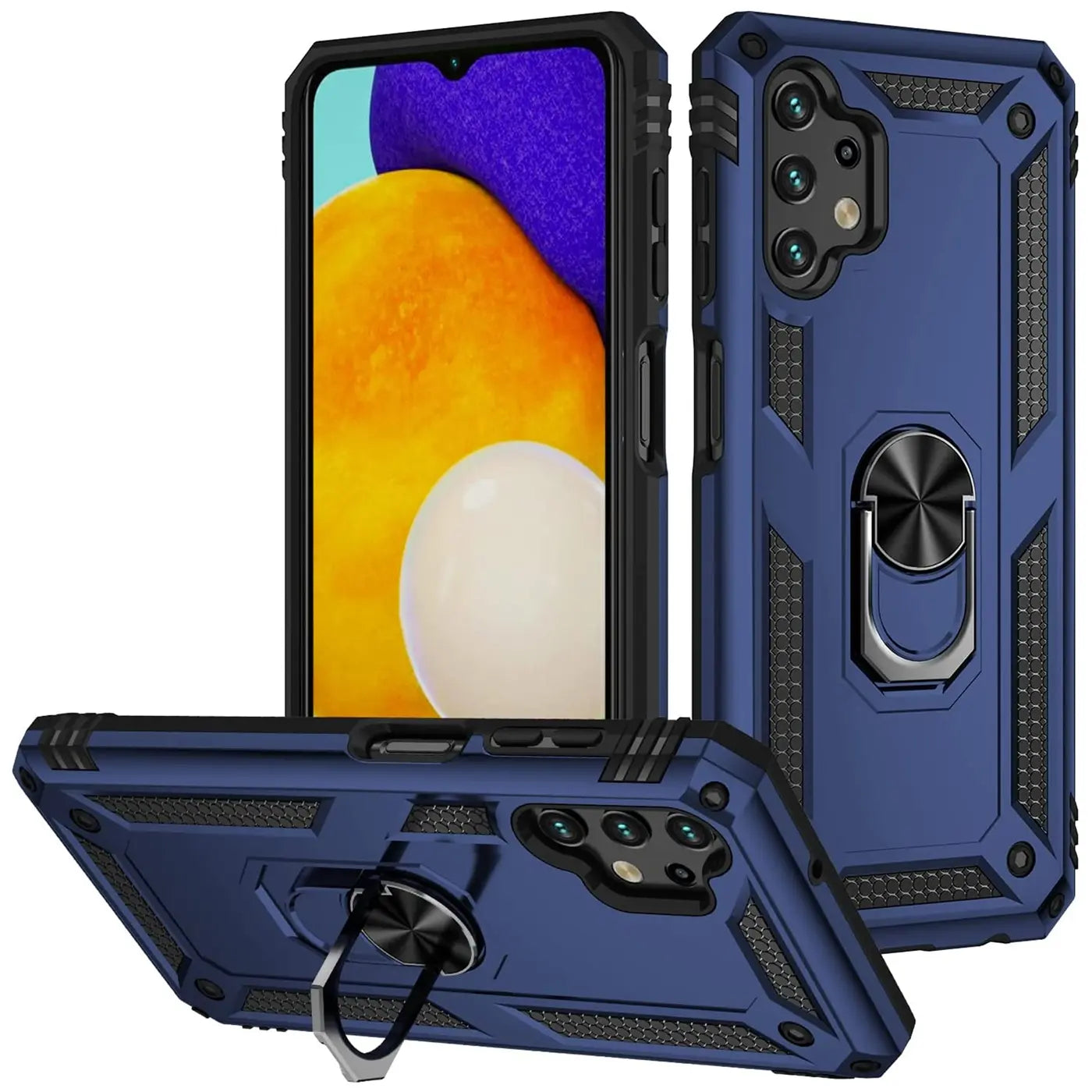 Drei blaue Handyhüllen mit Ringhalter, eine mit Samsung Galaxy A32 5G.