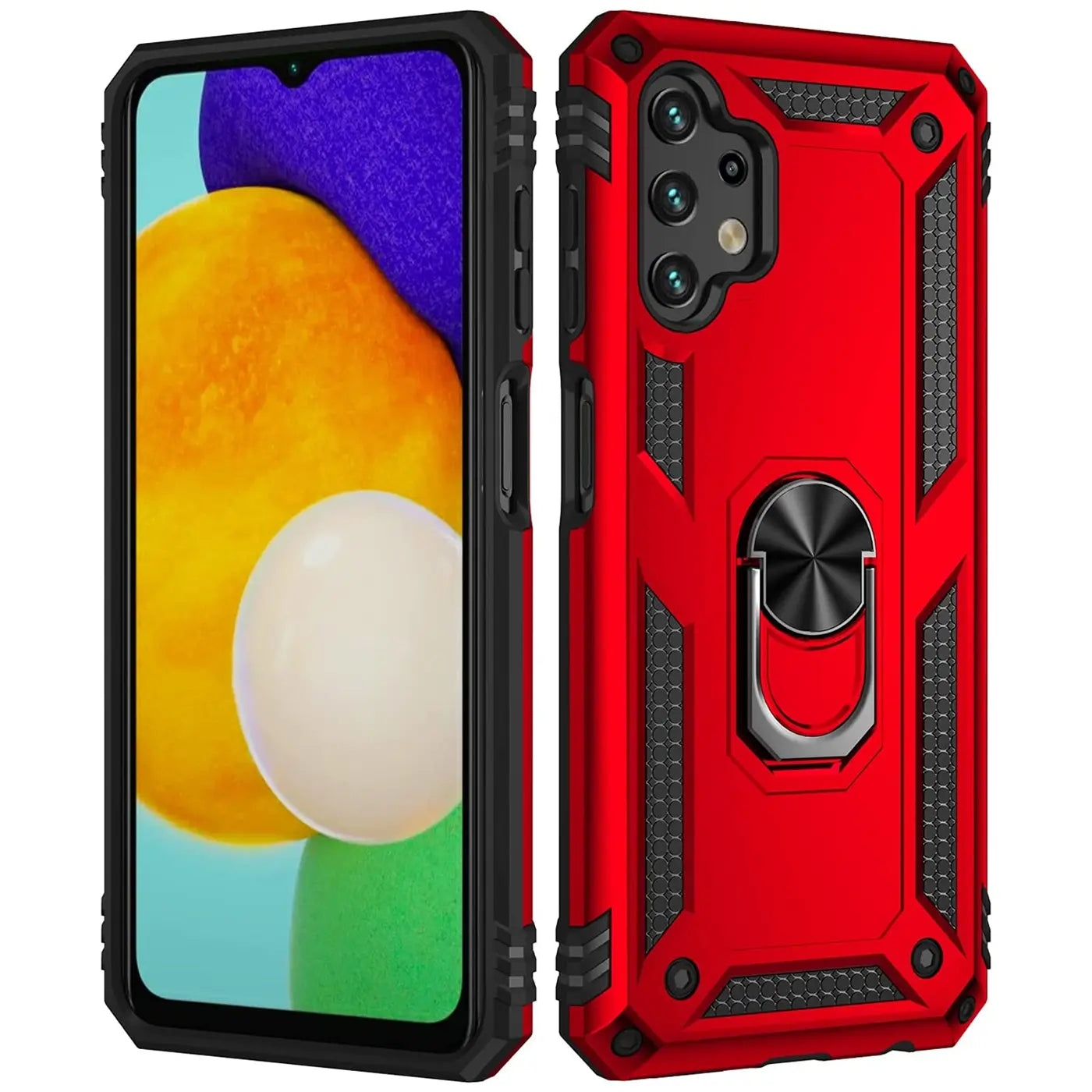 Rote Handyhülle aus Kunststoff mit Ringhalter, Vorder- und Rückansicht, Samsung Galaxy A32 5G.