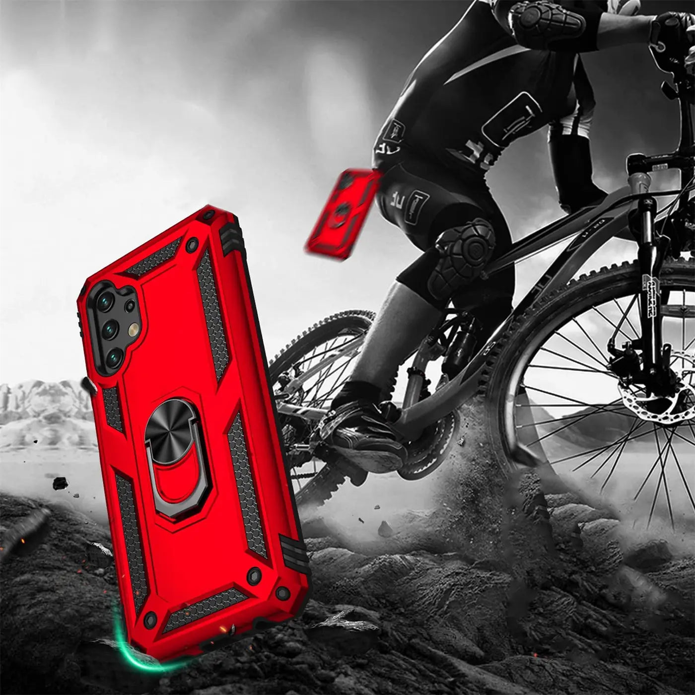 Rote Handyhülle mit Ringhalter, Materialmix, Nahaufnahme, Samsung Galaxy A32 5G.