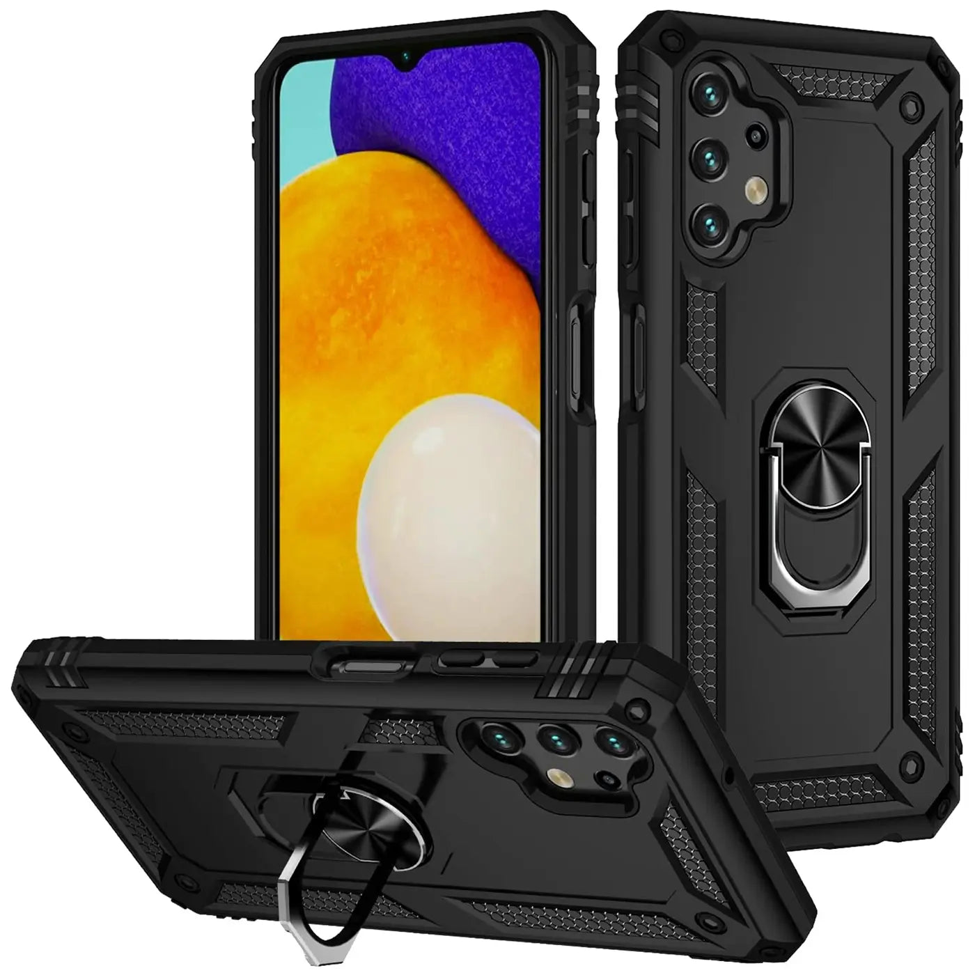 Schwarze Hülle mit Ringhalter für Samsung Galaxy A32 5G, verschiedene Winkel