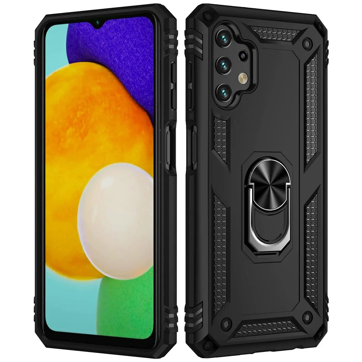 Schwarze Hülle aus Kunststoff mit Ringhalter für Samsung Galaxy A32 5G, Vorder- und Rückansicht.