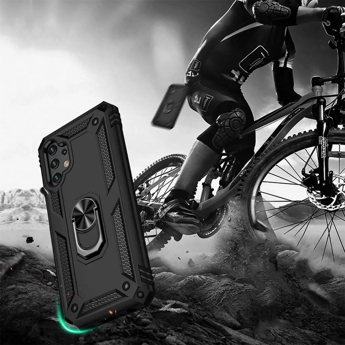 Schwarze Handyhülle aus Kunststoff mit Ringhalter für Samsung Galaxy A32 5G, von vorne links