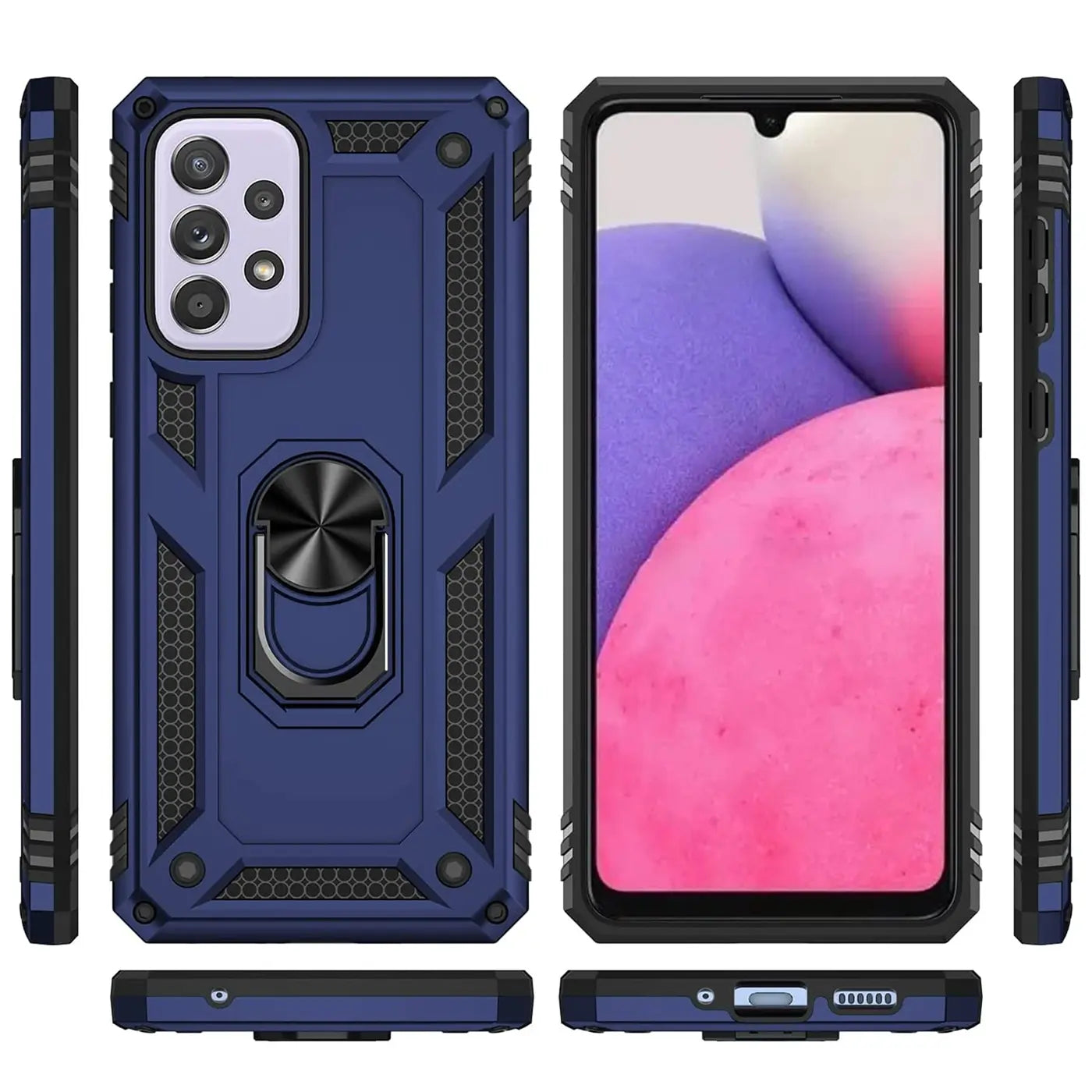 Dunkelblaue Hülle mit Ringhalter für Samsung Galaxy A33 5G, verschiedene Ansichten.