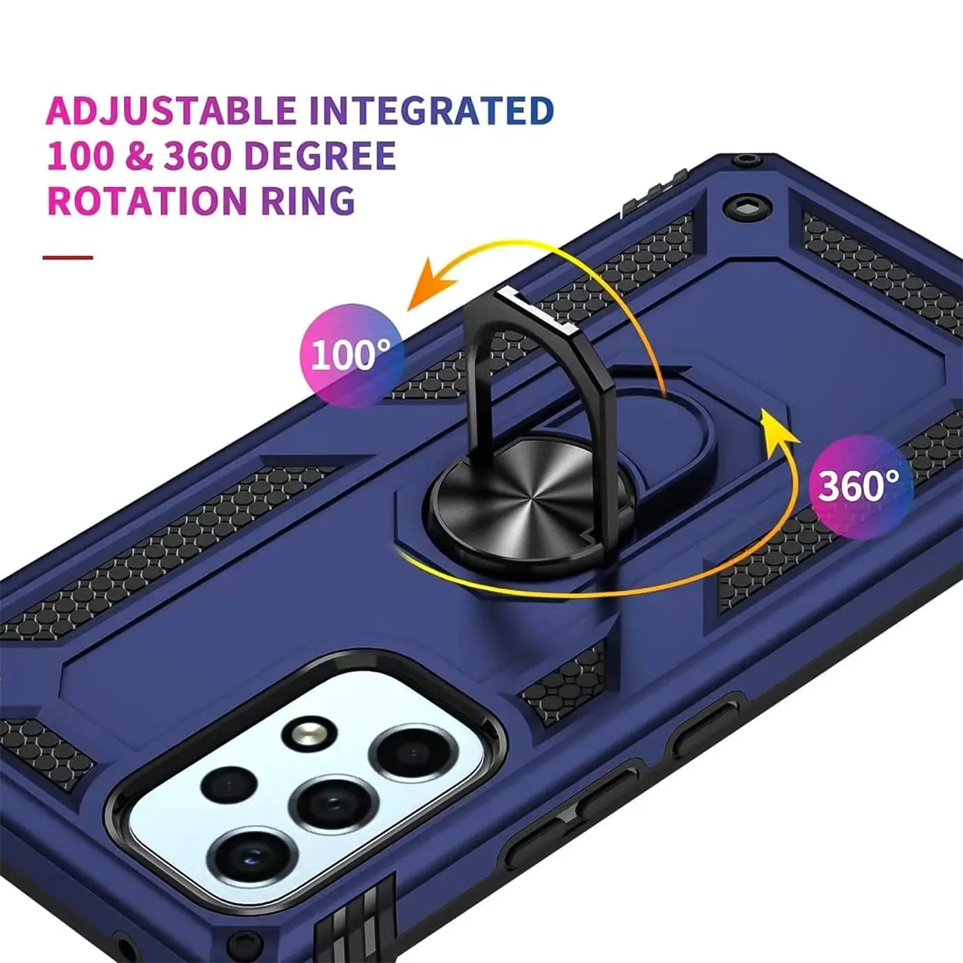 Dunkelblaue Hülle mit Ringhalter für Samsung A33 5G, Rückansicht, Nahaufnahme.