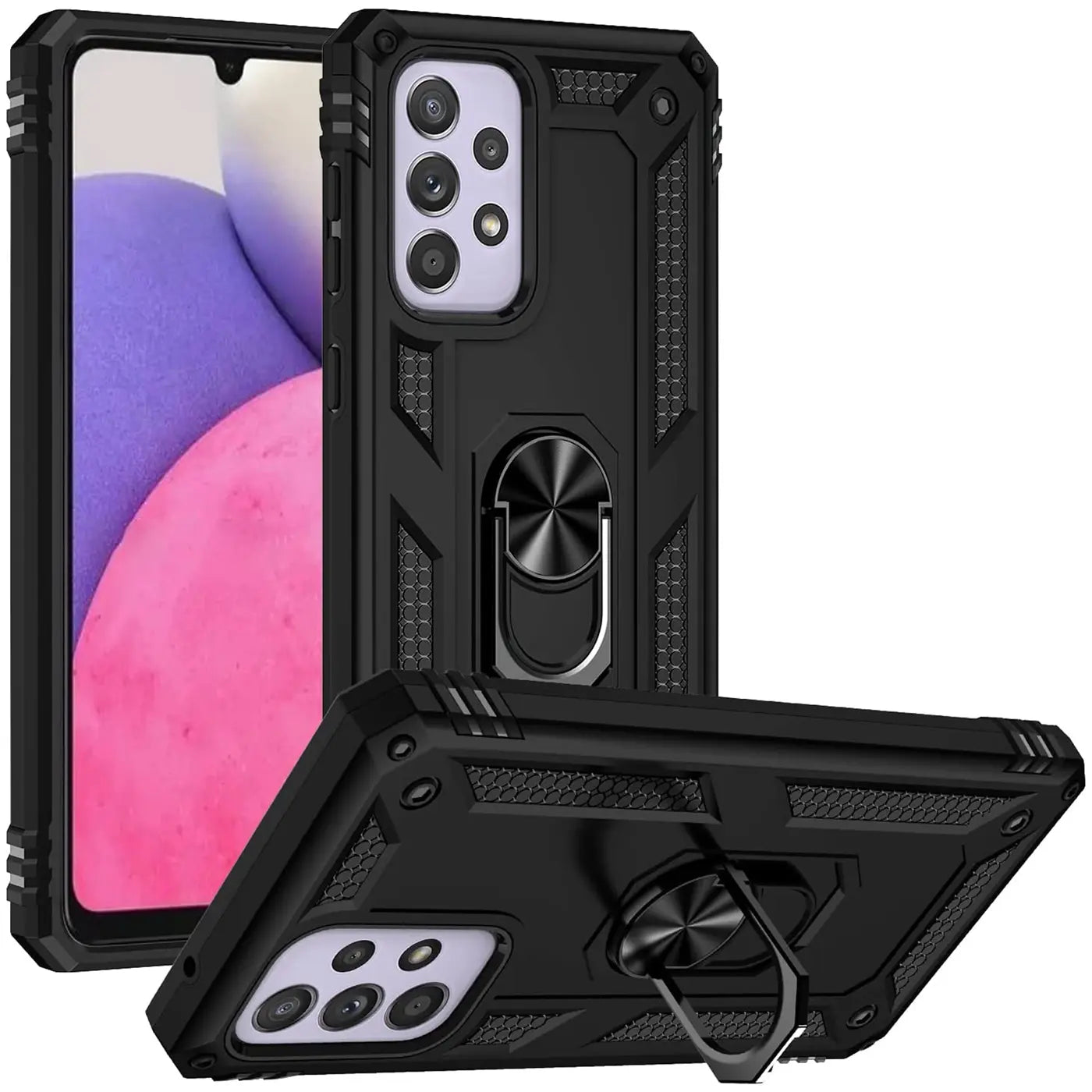 Schwarze Hülle aus Kunststoff mit Ringhalter für Samsung Galaxy A33 5G, Vorder- und Seitenansicht.
