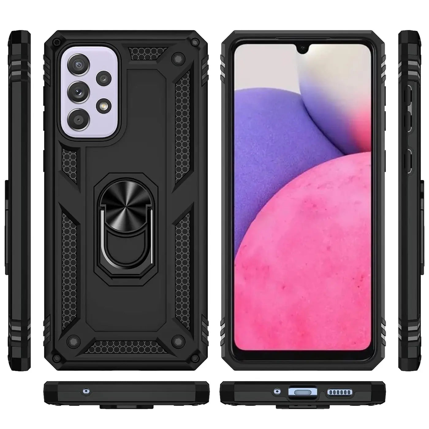 Schwarze Militär-Hülle aus Kunststoff mit Ringhalter für Samsung Galaxy A33 5G, verschiedene Ansichten.