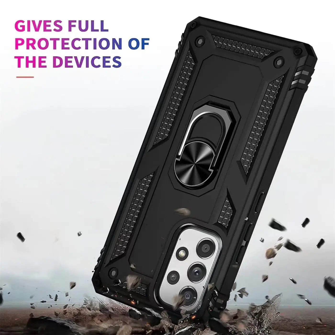 Schwarze Militärhülle mit Ringhalter für Samsung Galaxy A33 5G, von schräg oben
