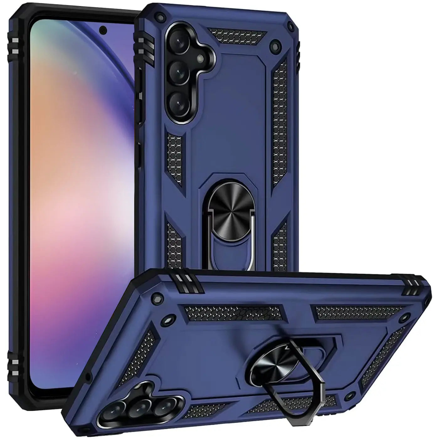 Dunkelblaue Hülle aus Kunststoff mit Ringhalter für Samsung Galaxy A34 5G, von vorne/seitlich.