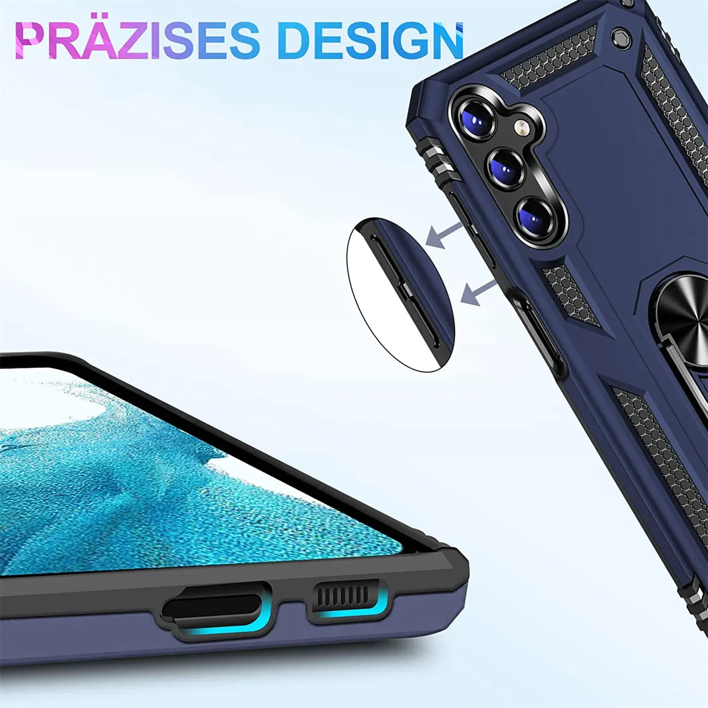 Dunkelblaue Hülle aus Kunststoff, Rückansicht mit Ringhalter, Samsung Galaxy A34 5G.
