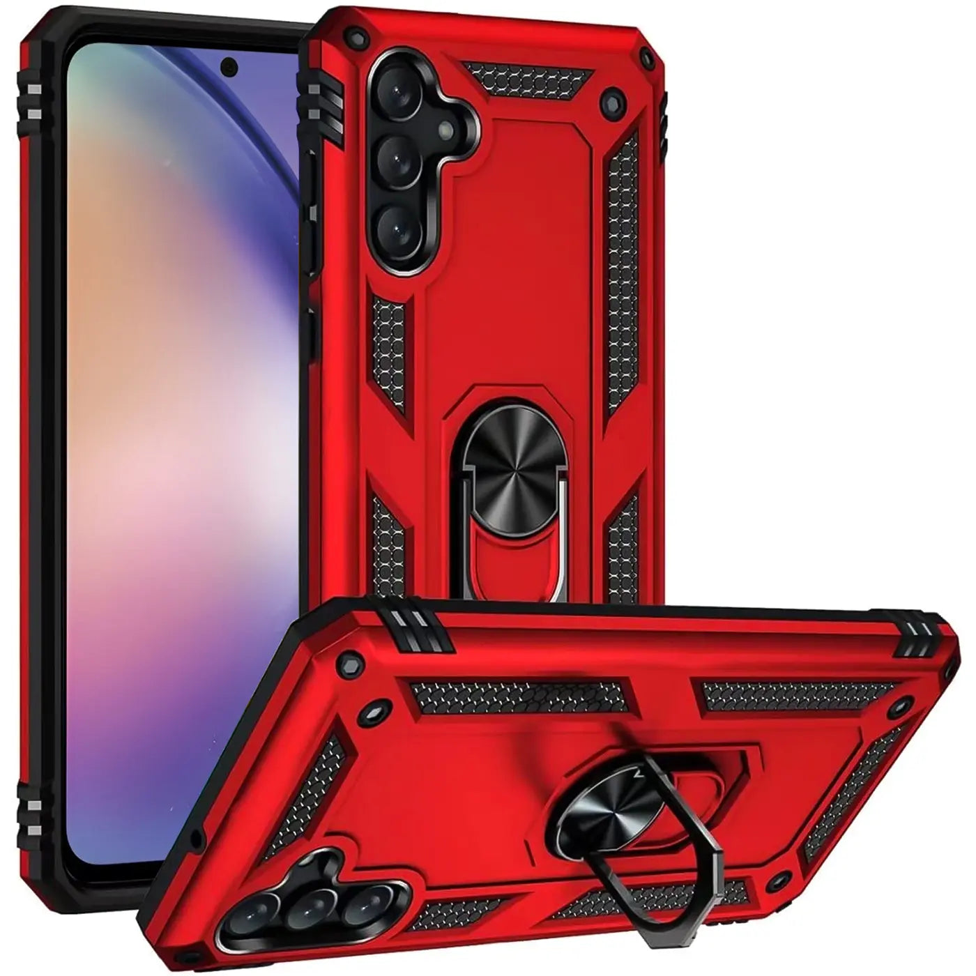 Rote Military Hülle mit Ringhalter für Samsung Galaxy A34 5G, von vorne/seitlich.
