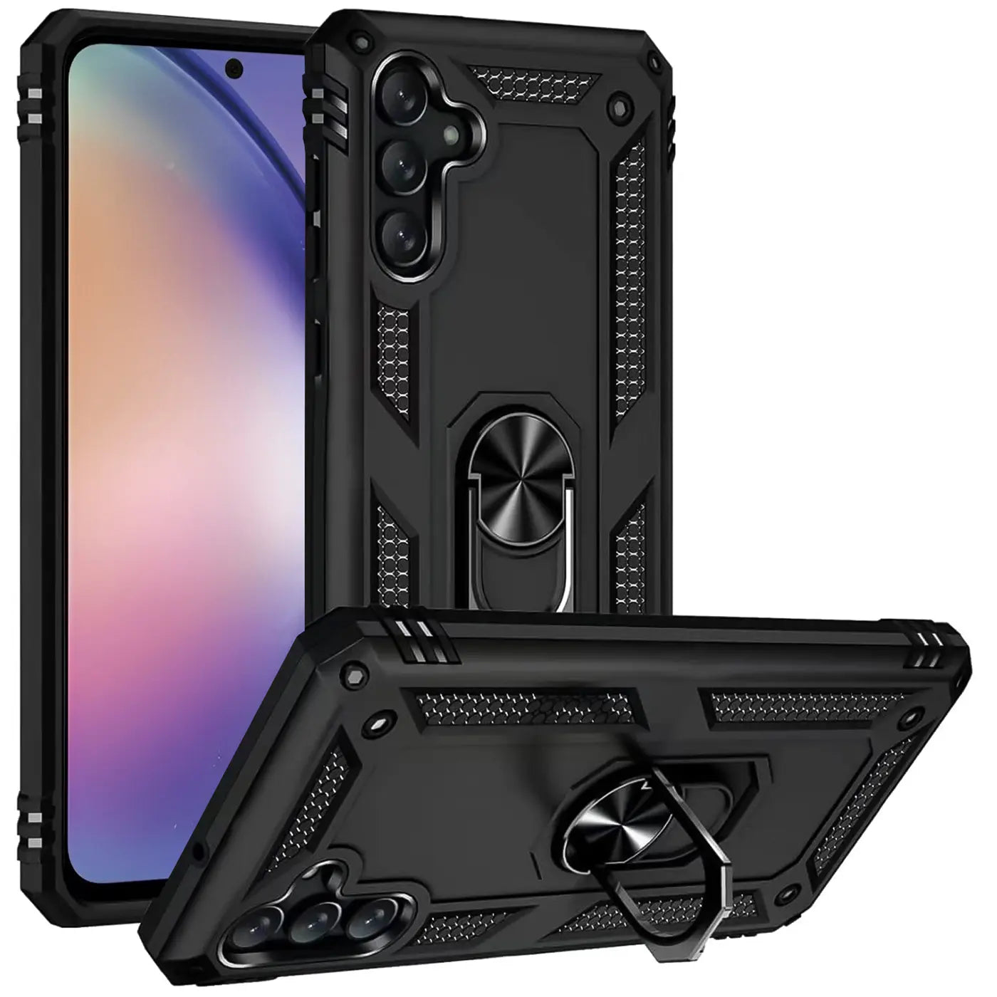 Schwarze Hülle aus Kunststoff für Samsung Galaxy A34 5G mit Ringhalter, von vorne und schräg.