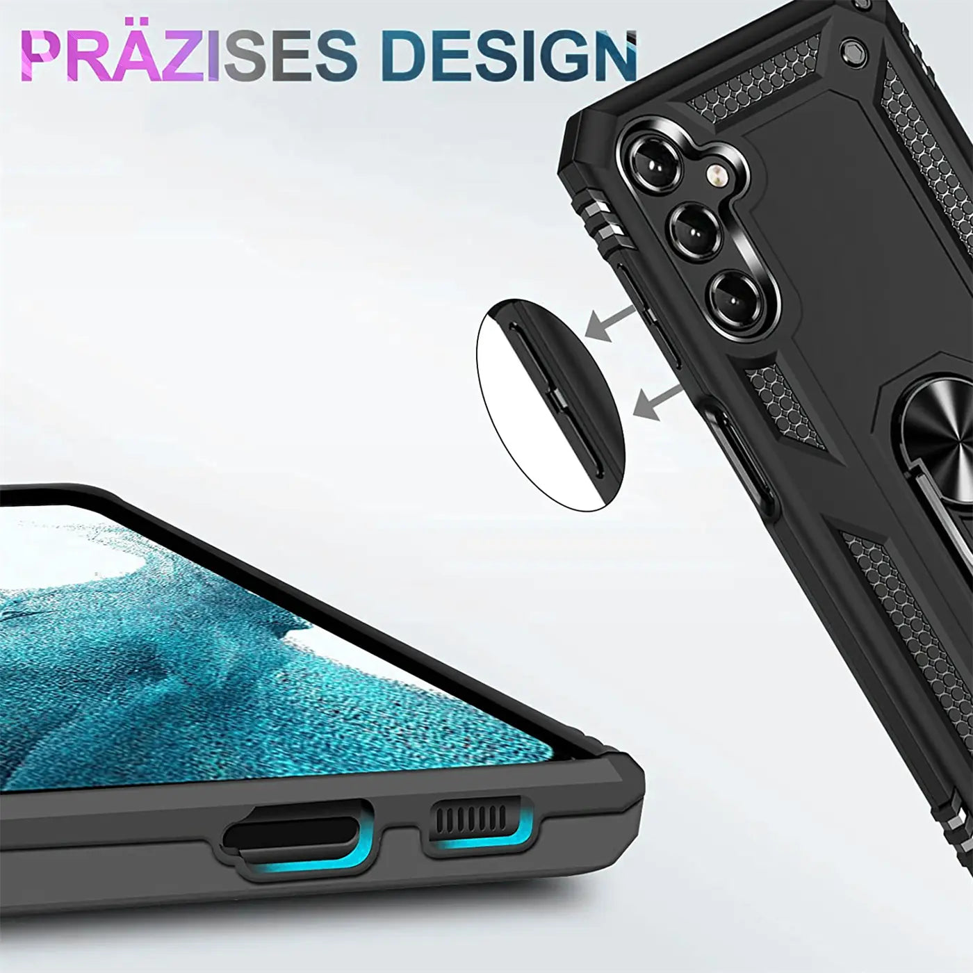 Schwarze Handyhülle aus Kunststoff mit Ringhalter, Nahaufnahme, Samsung Galaxy A34 5G.