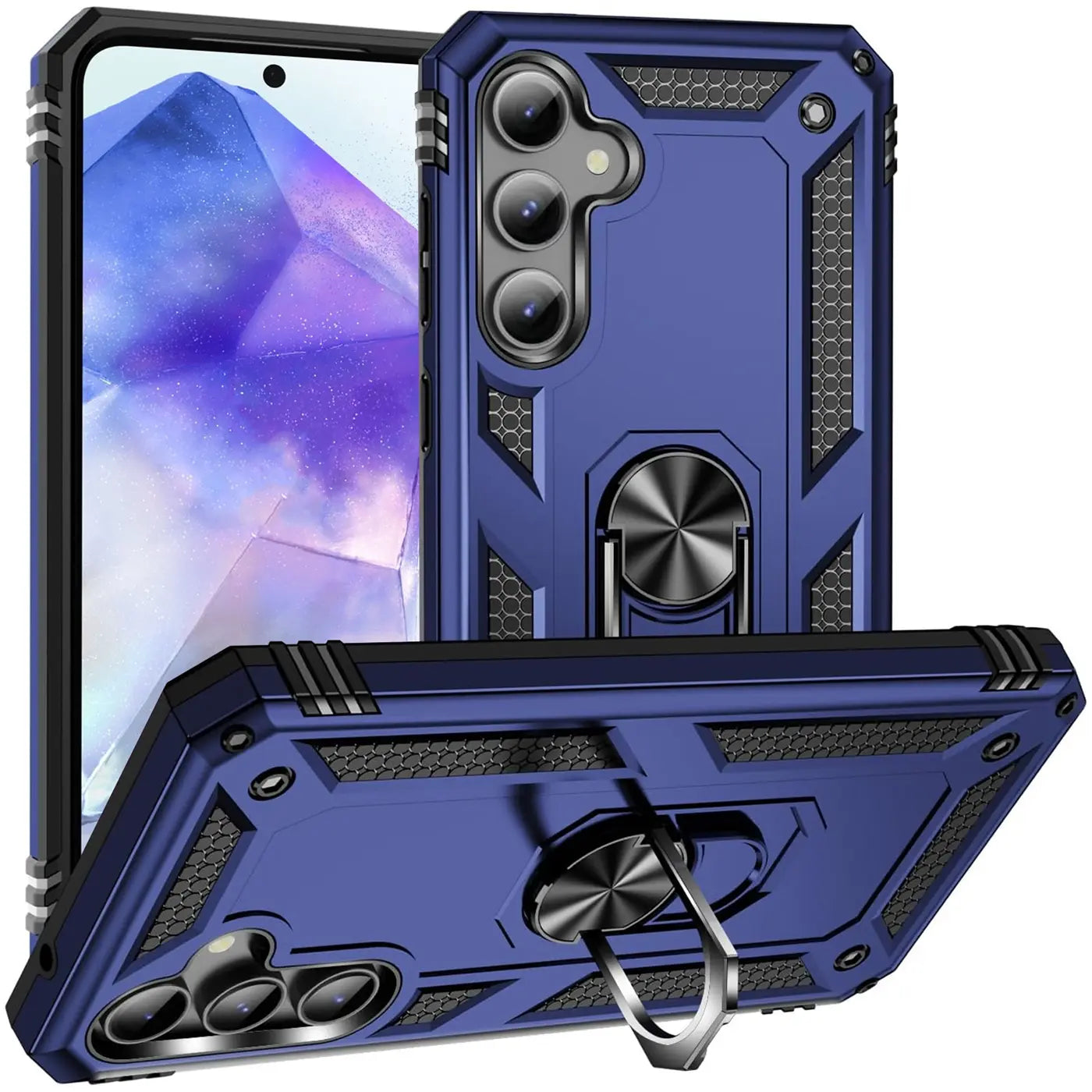 Blaue Hülle mit Ringhalter für Samsung Galaxy A35 5G, von vorne/seitlich