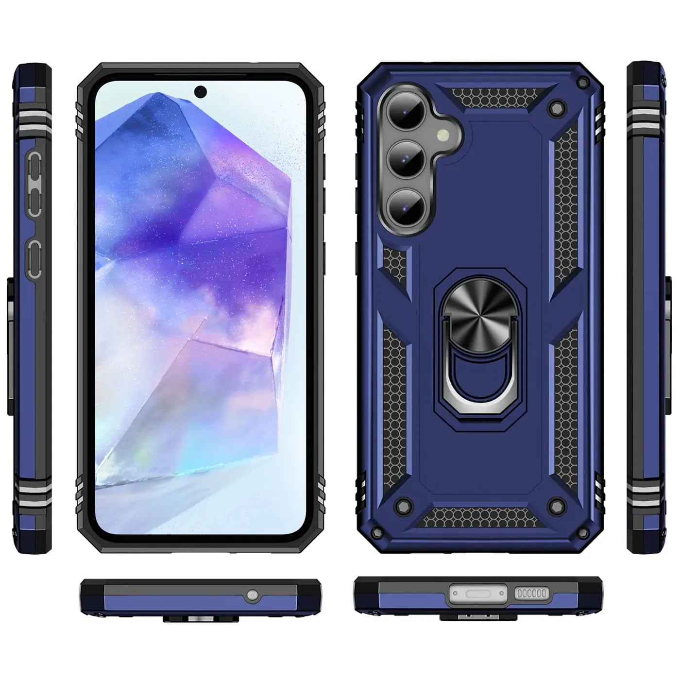 Dunkelblaue Hülle mit Ringhalter für Samsung Galaxy A35 5G, verschiedene Ansichten.