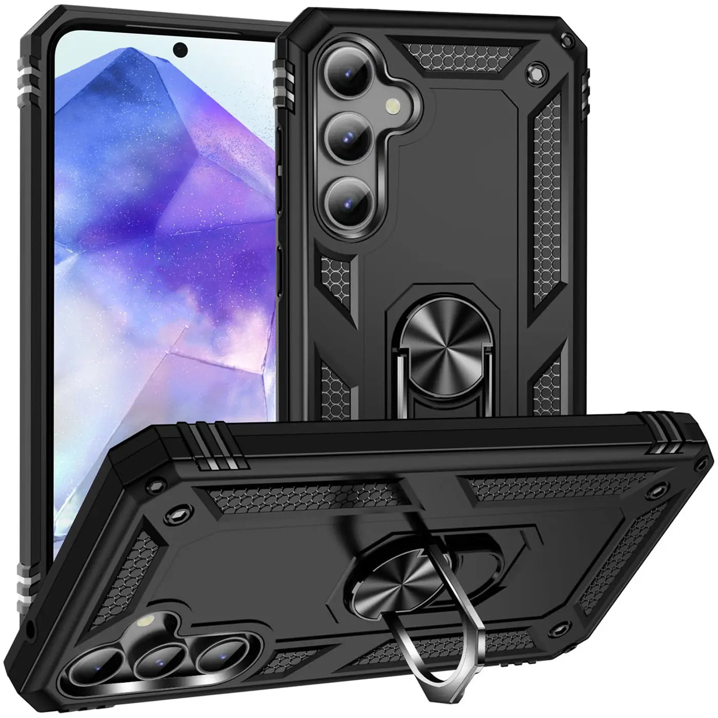 Schwarze Hülle aus Kunststoff mit Ringhalter für Samsung Galaxy A35 5G, von vorne/schräg