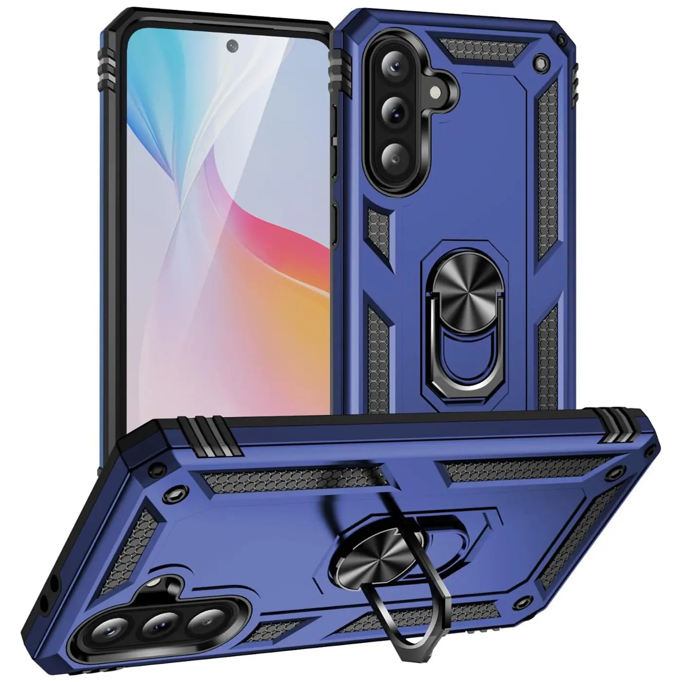 Blaue Hülle mit Ringhalter für Samsung Galaxy A36 5G, von vorne und unten gezeigt.