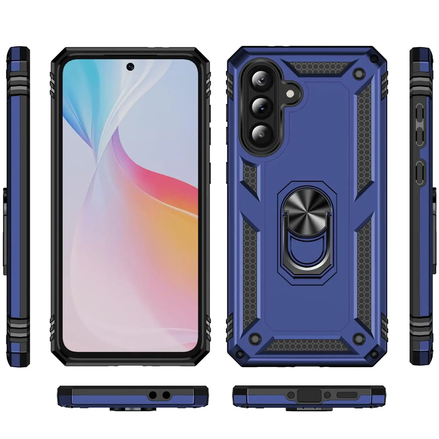 Blaue Hülle mit Ringhalter für Samsung A36 5G, verschiedene Ansichten.