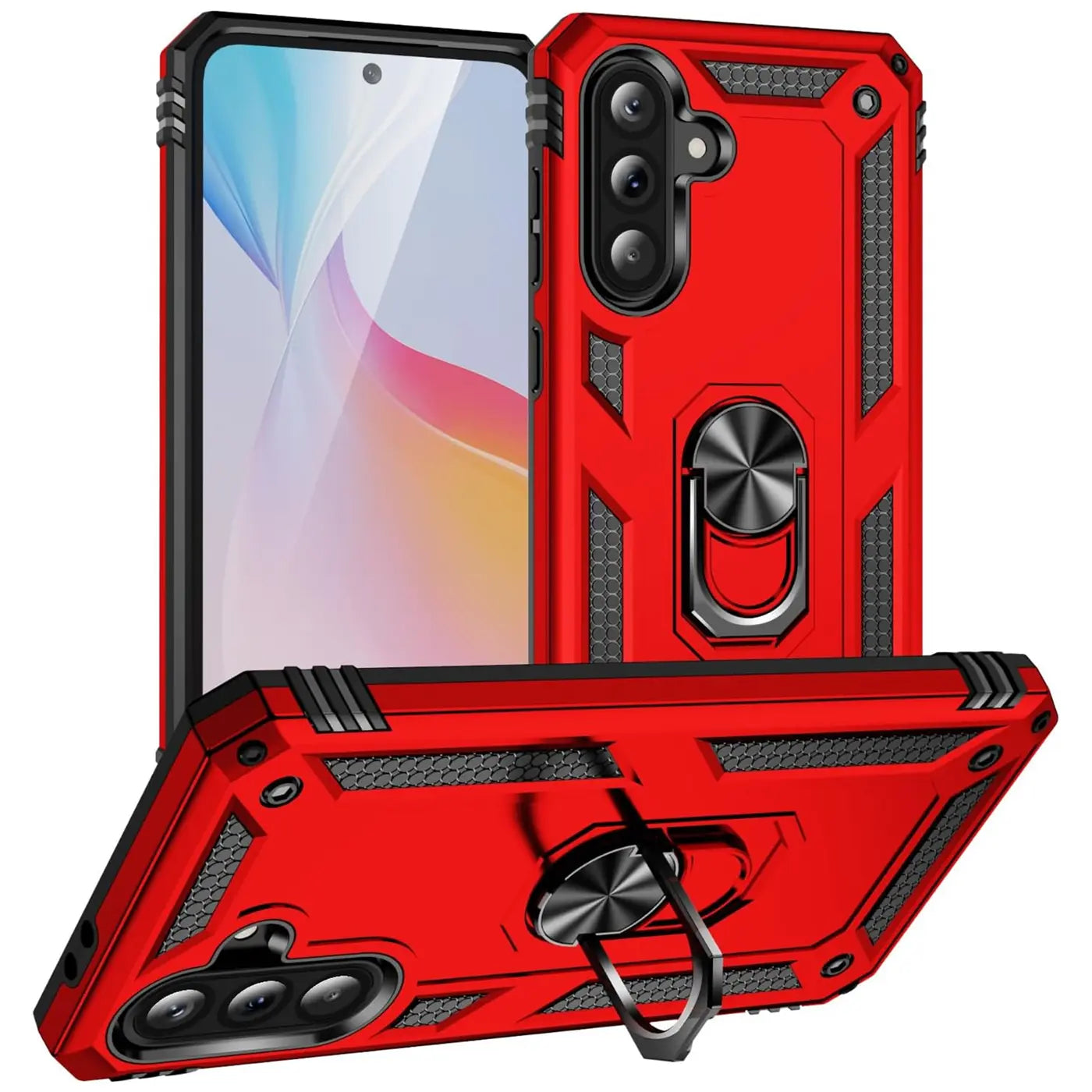 Rote Military-Hülle mit Ringhalter für Samsung Galaxy A36 5G, von vorne und unten gezeigt.