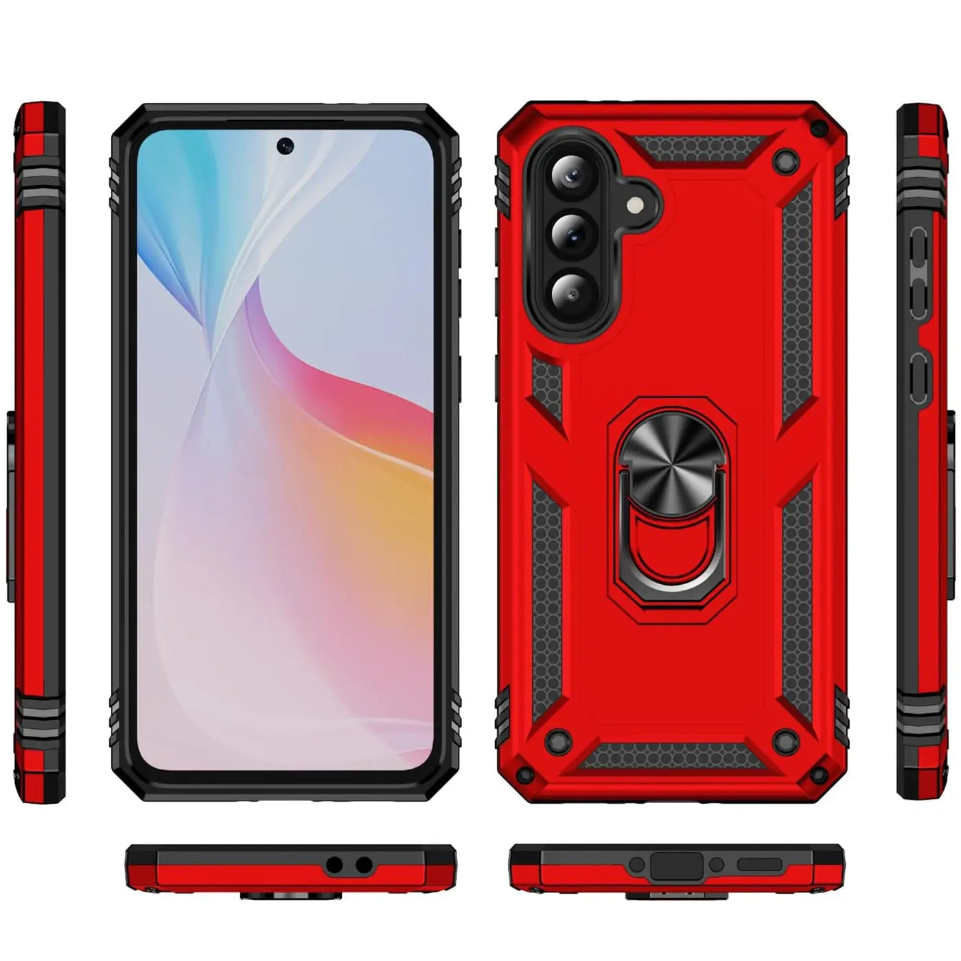 Rote Hülle mit Ringhalter für Samsung A36 5G, verschiedene Ansichten.