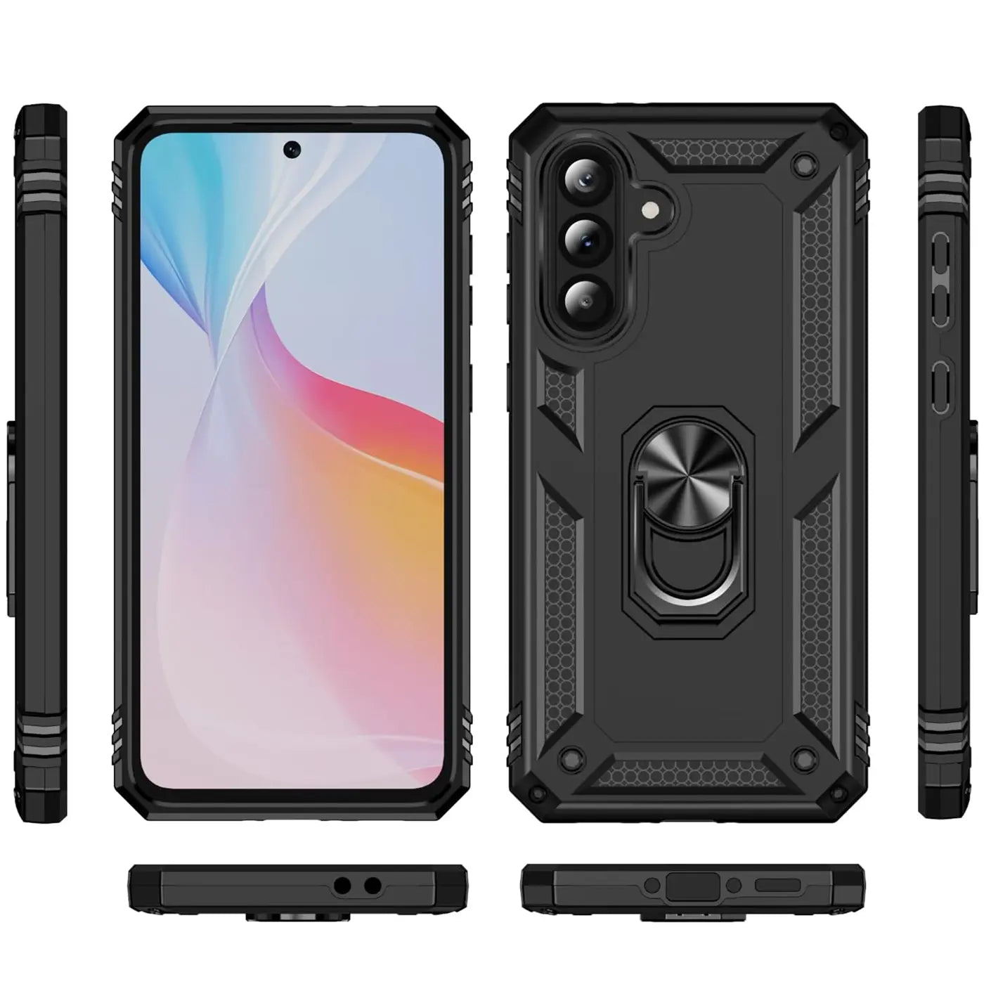 Schwarze Military-Hülle mit Ringhalter für Samsung Galaxy A36 5G, verschiedene Ansichten