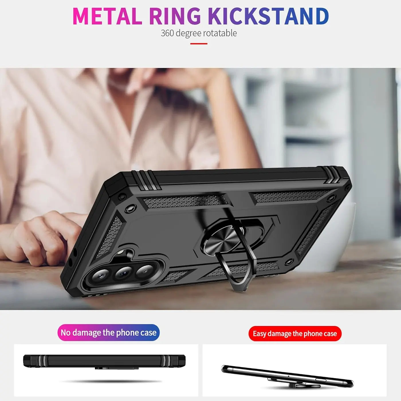 Schwarze Handyhülle aus Kunststoff mit Ringhalter, Rückansicht, Samsung Galaxy A36 5G.
