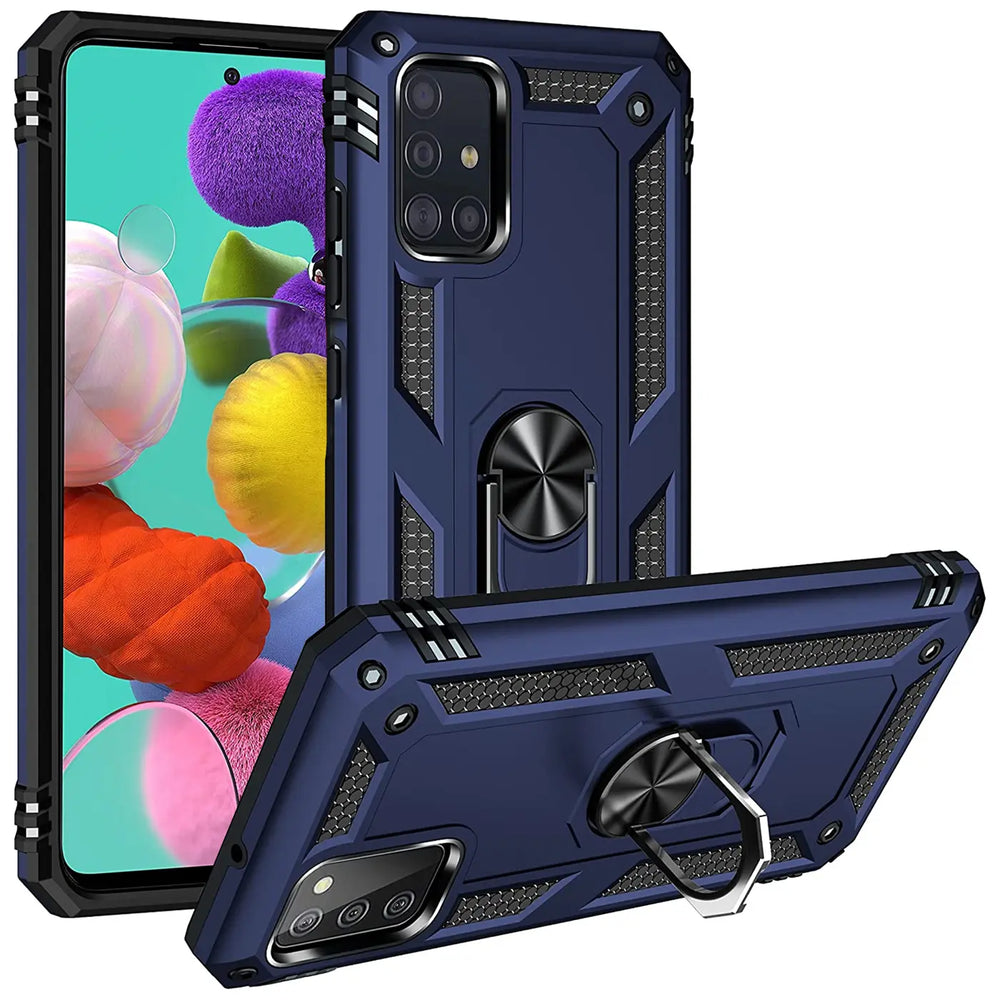 Dunkelblaue Hülle aus Kunststoff mit Ringhalter für Samsung Galaxy A51, Seitenansicht.