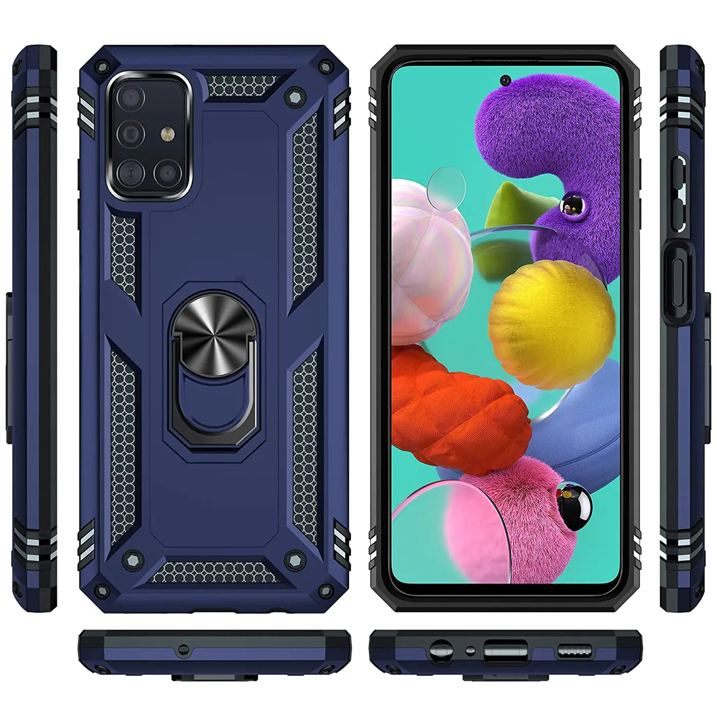 Dunkelblaue Hülle mit Ringhalter für Samsung Galaxy A51, verschiedene Ansichten