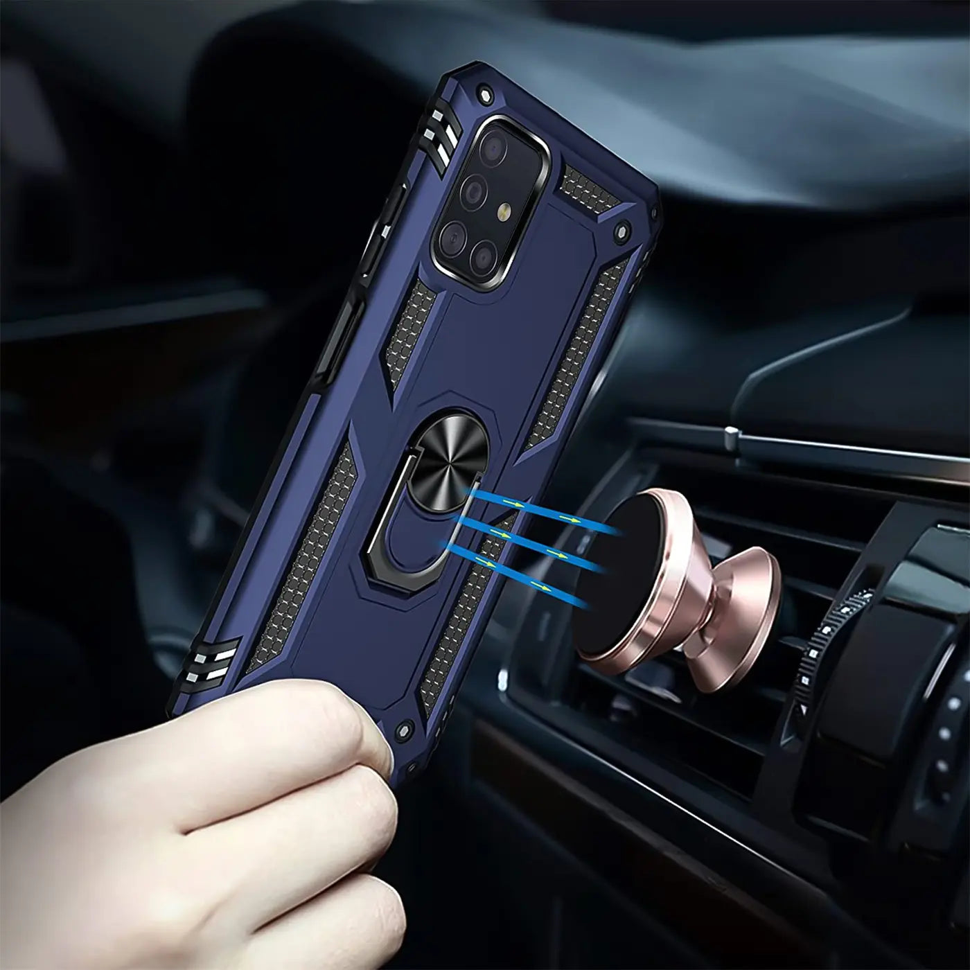 Dunkelblaue Handyhülle mit Ringhalter, auf Samsung Galaxy A51, von vorne