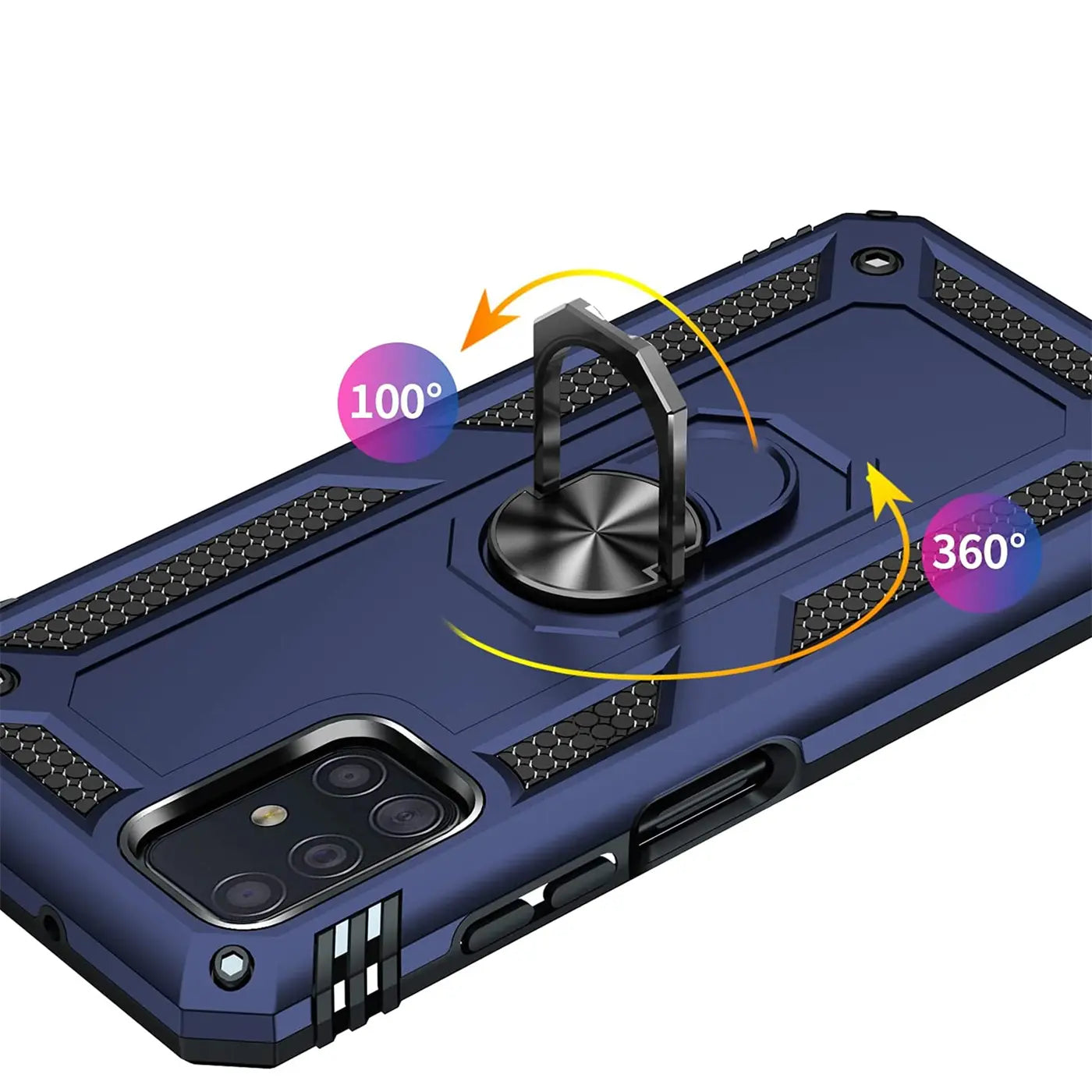 Dunkelblaue Hülle mit Ringhalter für Samsung Galaxy A51, von schräg oben, Metallring.