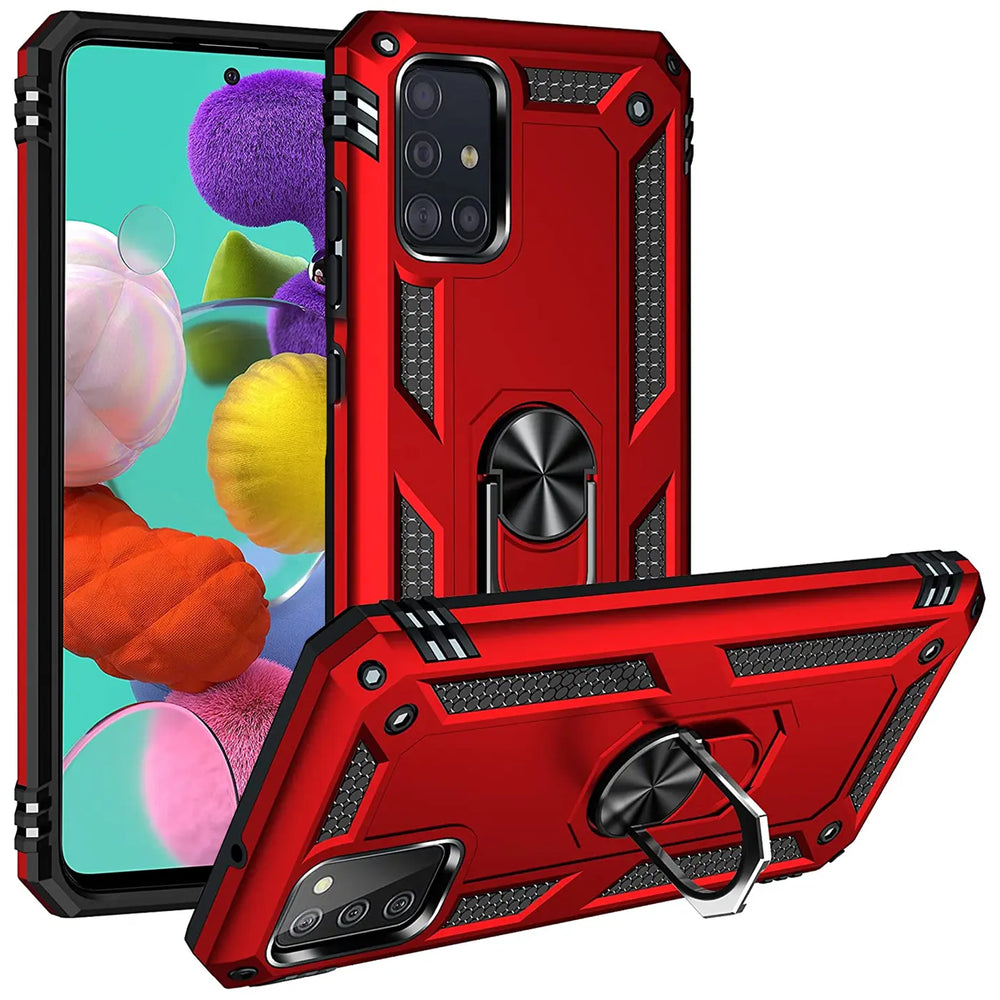 Rote Hülle mit Ringhalter für Samsung Galaxy A51, aus Kunststoff, von vorne und schräg