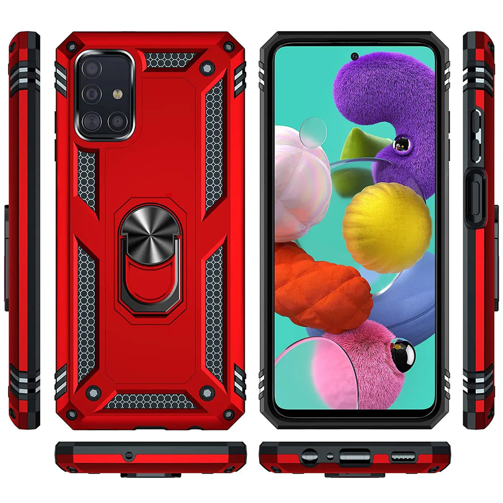 Rote Hülle mit Ringhalter für Samsung Galaxy A51, von vorne, Seite, Rückseite, oben, unten.