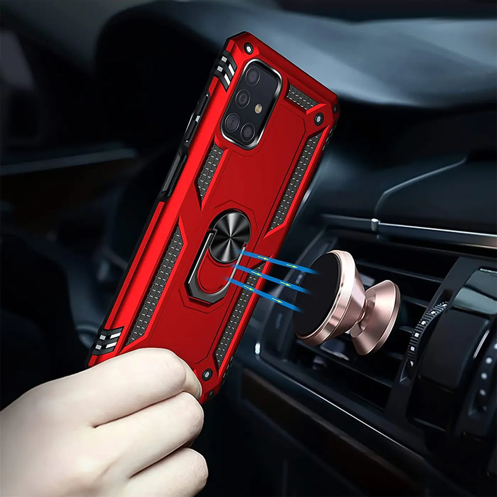 Rote Hülle mit Ringhalter für Samsung Galaxy A51, aus Metall/Kunststoff, Nahaufnahme.