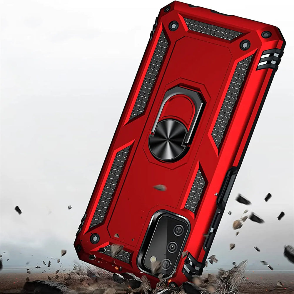 Rote Hülle mit Ringhalter für Samsung Galaxy A51, von schräg unten.
