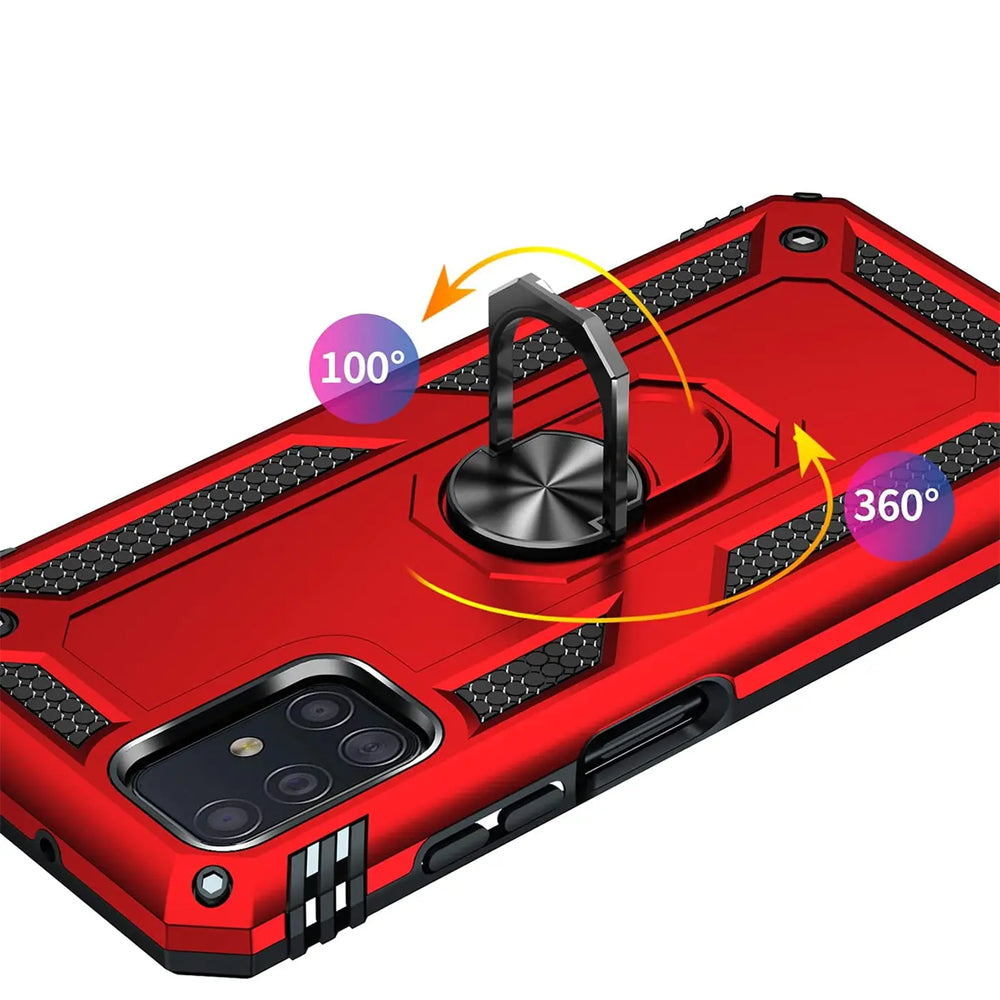 Rote Military-Hülle aus Kunststoff mit Ringhalter für Samsung Galaxy A51, Rückansicht.