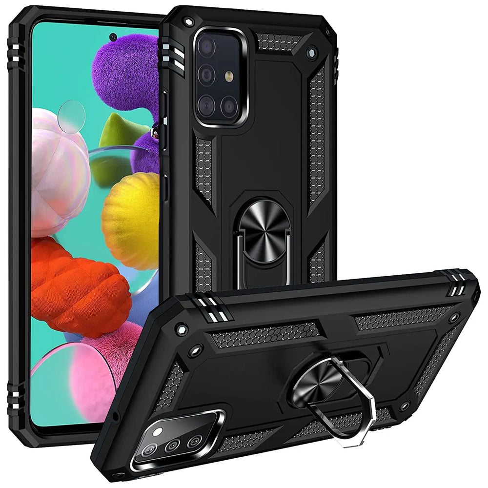 Schwarze Hülle aus Kunststoff mit Ringhalter für Samsung Galaxy A51, von vorne und schräg unten