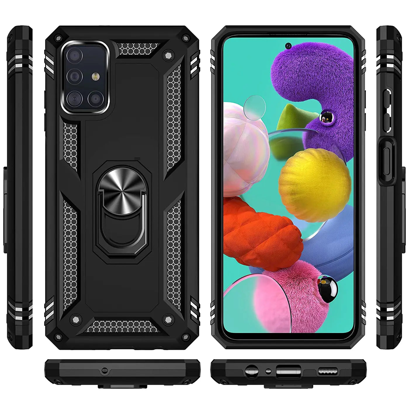 Schwarze Hülle aus Kunststoff/Metall mit Ringhalter für Samsung Galaxy A51, verschiedene Ansichten.