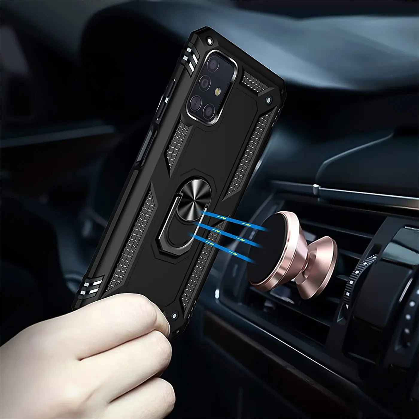 Schwarze Hülle mit Ringhalter für Samsung Galaxy A51, magnetisch, Nahaufnahme
