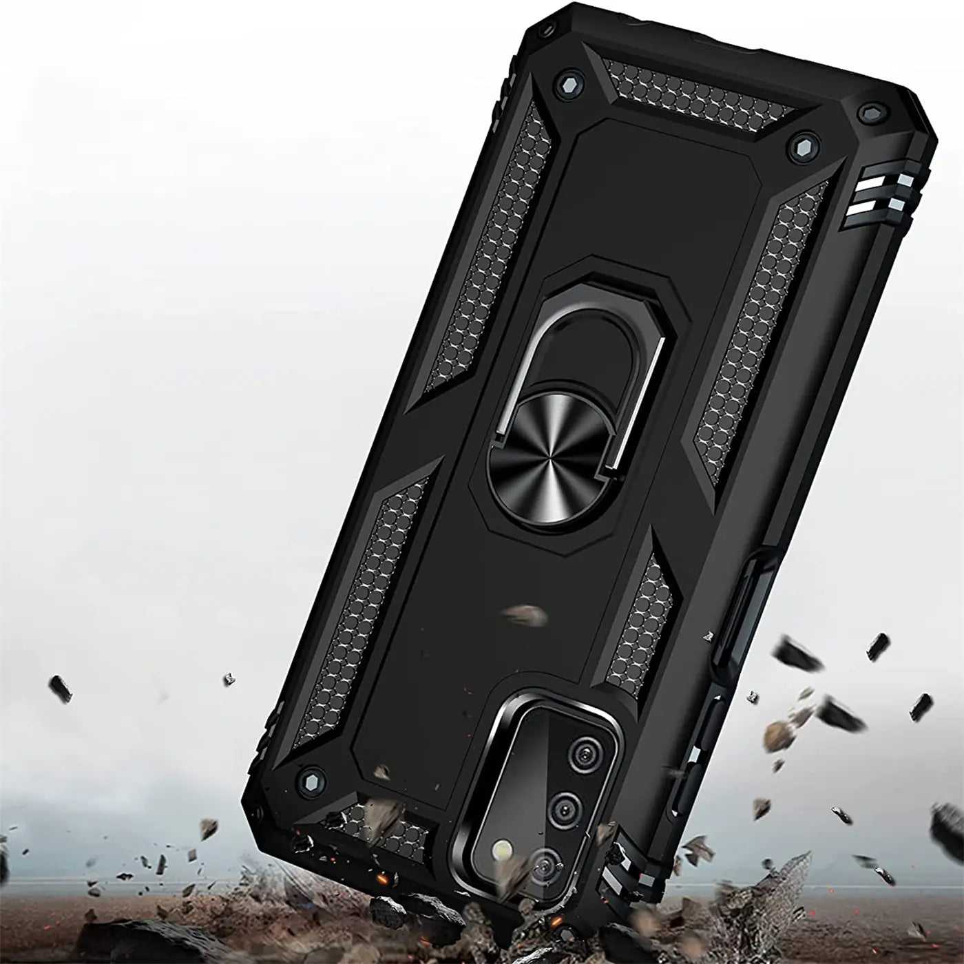 Schwarze Hülle aus Kunststoff mit Ringhalter für Samsung Galaxy A51, Rückansicht.