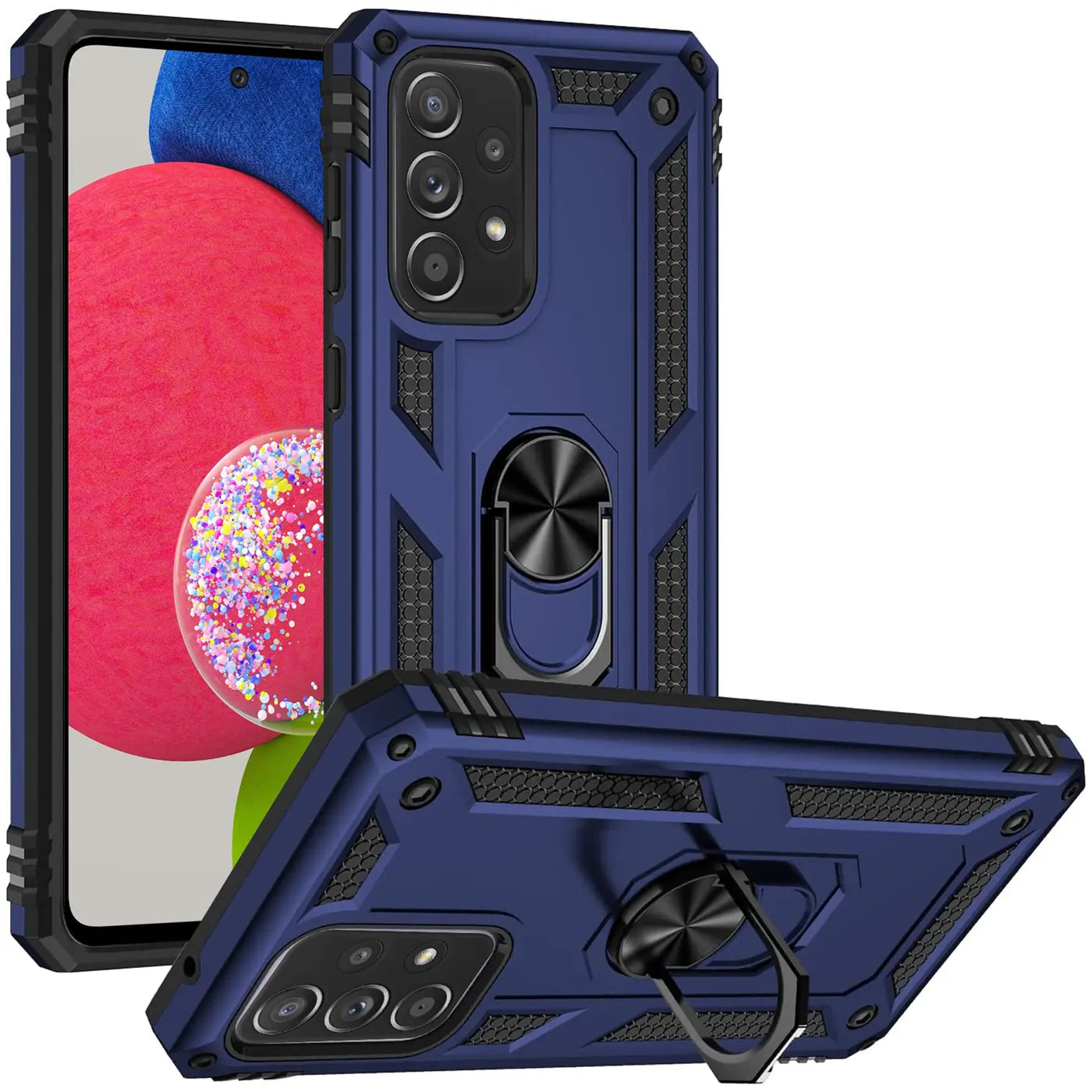 Blaue Hülle aus Kunststoff mit Ringhalter für Samsung Galaxy A52s 5G, Vorder- und Rückansicht.
