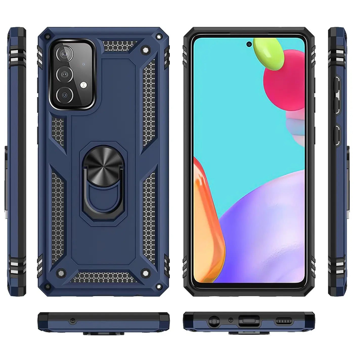 Dunkelblaue Hülle mit Ringhalter für Samsung Galaxy A52/A52S 5G, verschiedene Ansichten.