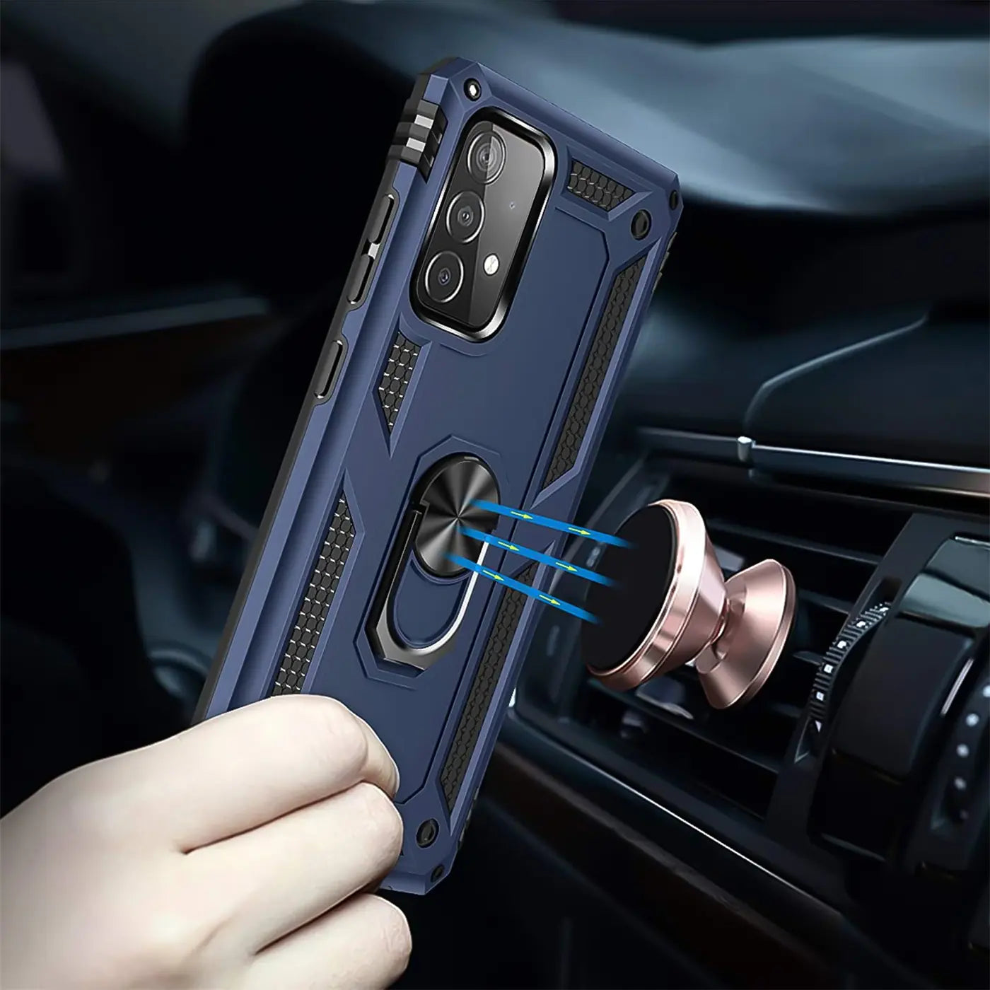 Blaue Hülle mit Ringhalter für Samsung A52/A52S, Nahaufnahme, aus Kunststoff.